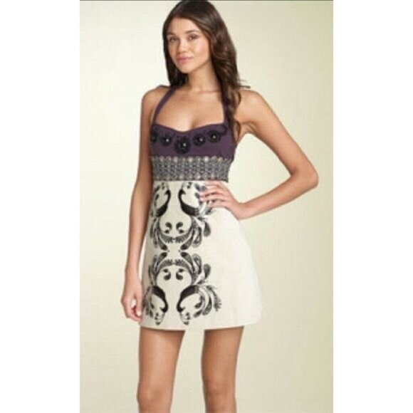 Vintage Y2K Free People Empire Waist Beaded Velvet Peacock A-Line Mini Dress - Picture 4 of 14